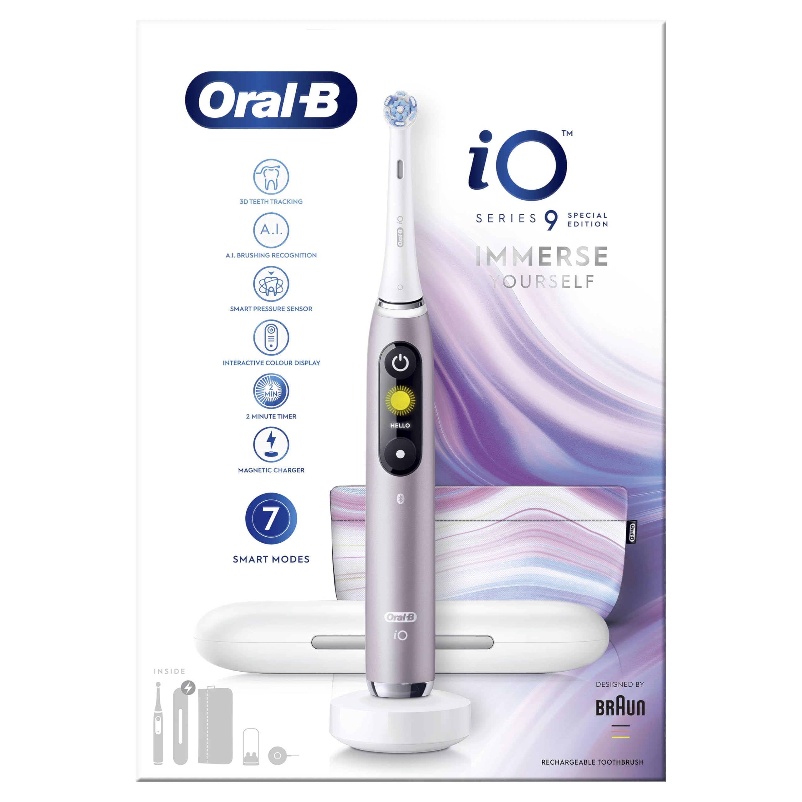 Oral-B iO9 Electric Toothbrushes For Adults, App Connected Handle, 1 Toothbrush Head, Charging Travel Case, 7 Modes, Teeth Whitening, 2 Pin UK Plug, Special Edition