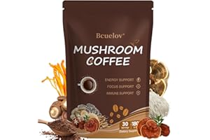 BCUELOV Mushroom Coffee, Instant Mushroom Coffee Powder with 6 Adaptogenic Mushrooms (Cordyceps, Lion’s Mane, Shiitake, Turkey Tail) and MCT Oil for Better Energy, Focus, Immune Support - 30 Servings