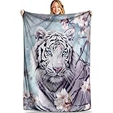 MIEPOS Cherry Blossom White Tiger Throw Blanket - Ultra Soft, Cozy, Lightweight, and Plush Flannel for Couch, Travel - Fuzzy Decorative Blankets, for Elegant Home Decor 50×60 Inch
