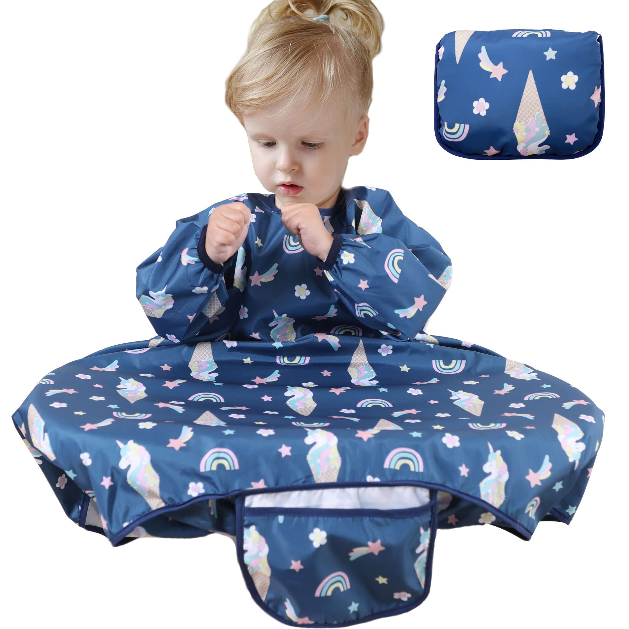 JinBei Baby Bibs with Sleeves,Toddler Feeding Bibs Coverall Long Sleeve Baby Apron for Painting,Waterproof Adjustable Wipe Clean Attaches to Highchair Weaning Bibs for Boy 6 Month to 5 Years,Navy Blue