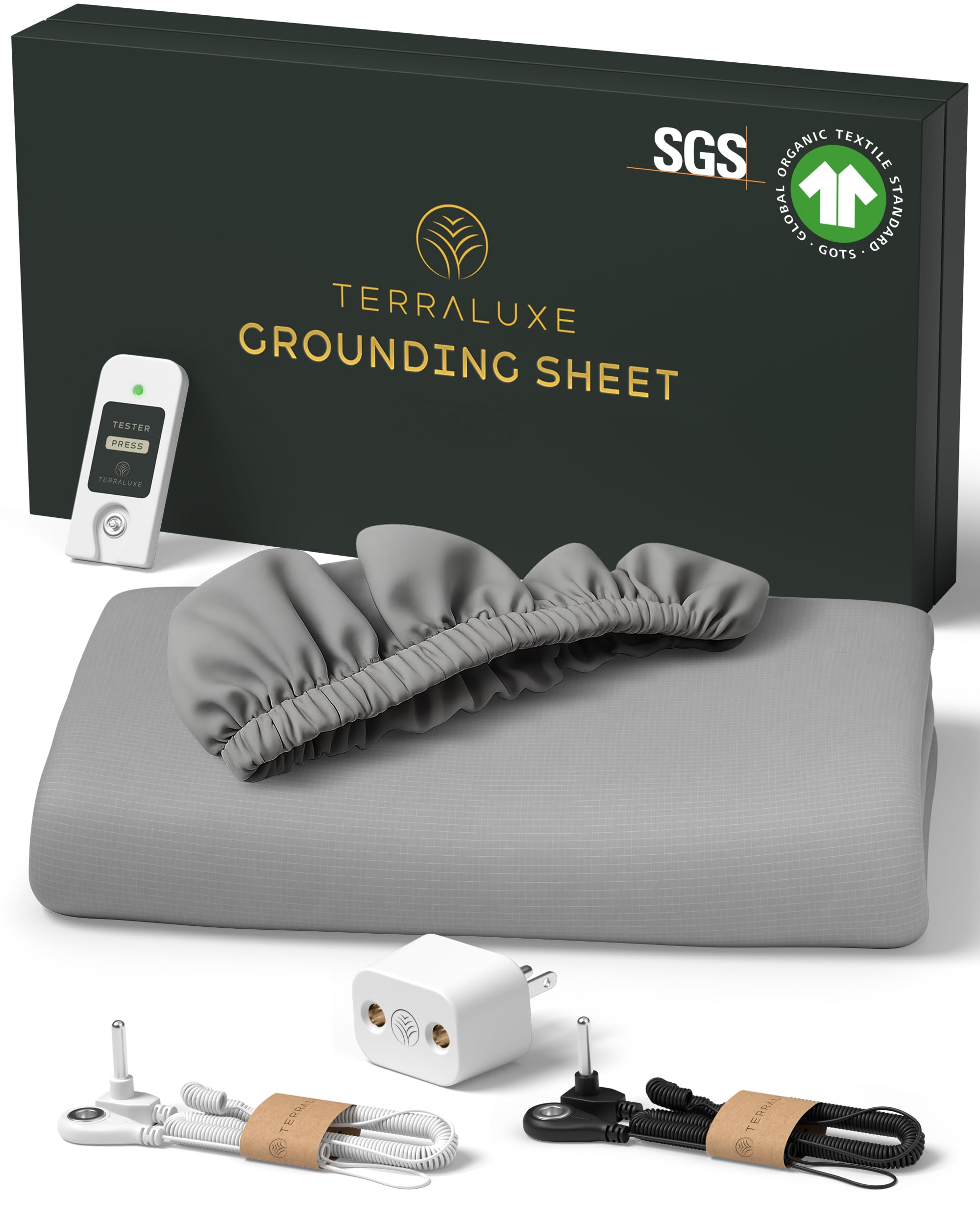 Photo 1 of Terraluxe Grounding Sheets King, 12% Pure Silver, GOTS Certified, Cool, Soft, Fitted Earthing Sheets with Deep Pockets, Includes Tester, Adapter, 2 Cords, Connected Bedding