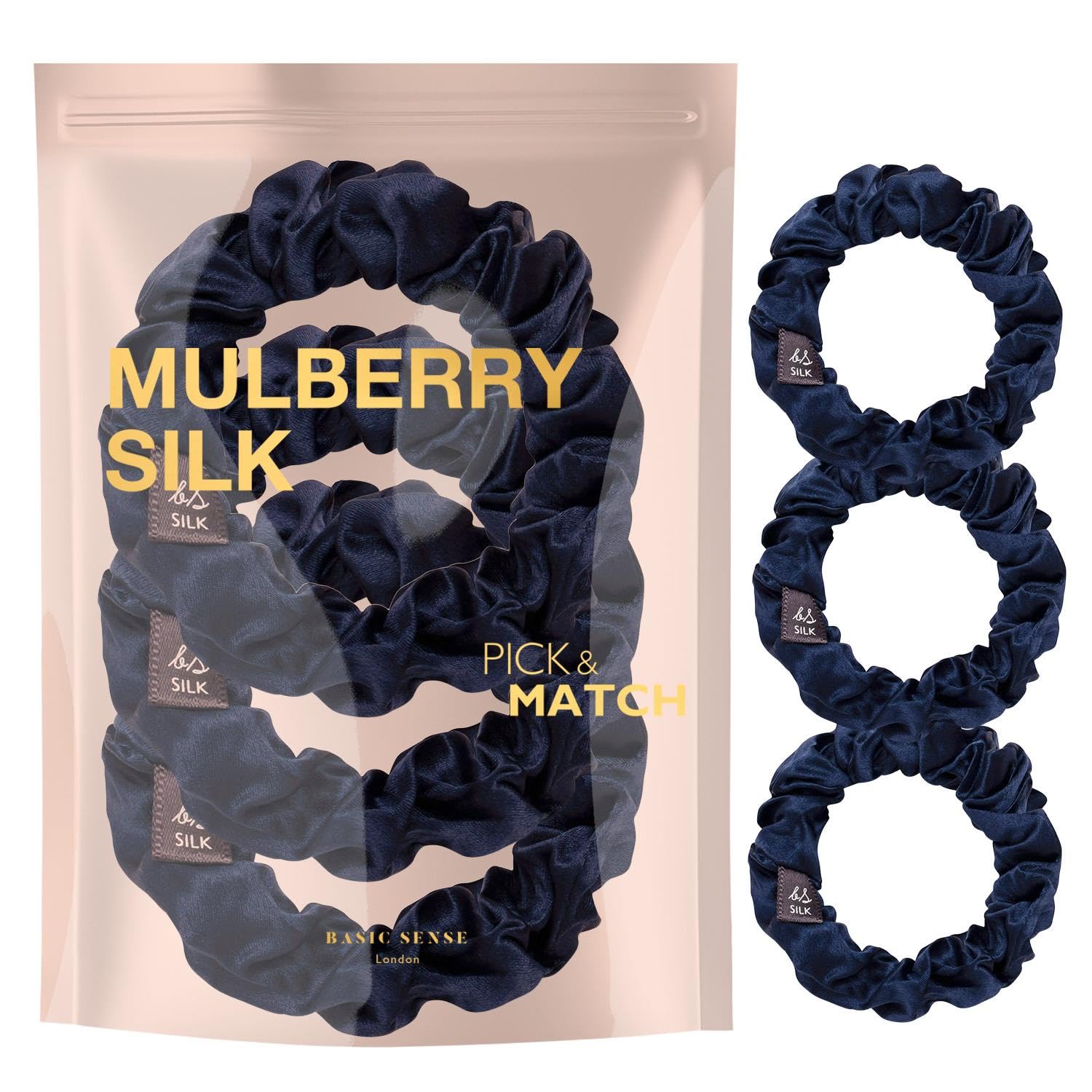 Basic Sense 3 PCS Pure Mulberry Silk Scrunchies for Women | Skinny Elastic Hair Ties | Gentle Hair Bands & Ponytail Holders, Navy