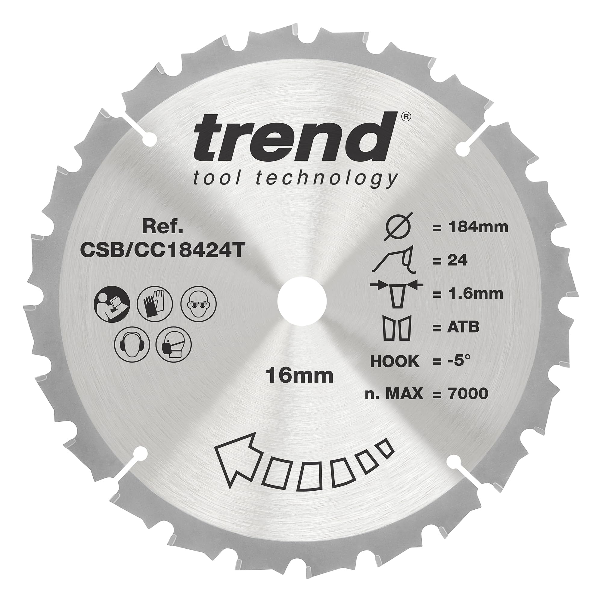 Trend Wood Cordless Mitre Saw Blade, 184mm Diameter, 16mm Bore, 24 Teeth, 1.6mm Kerf, -5° Hook, TCT, Medium Finish, CSB/CC18424T