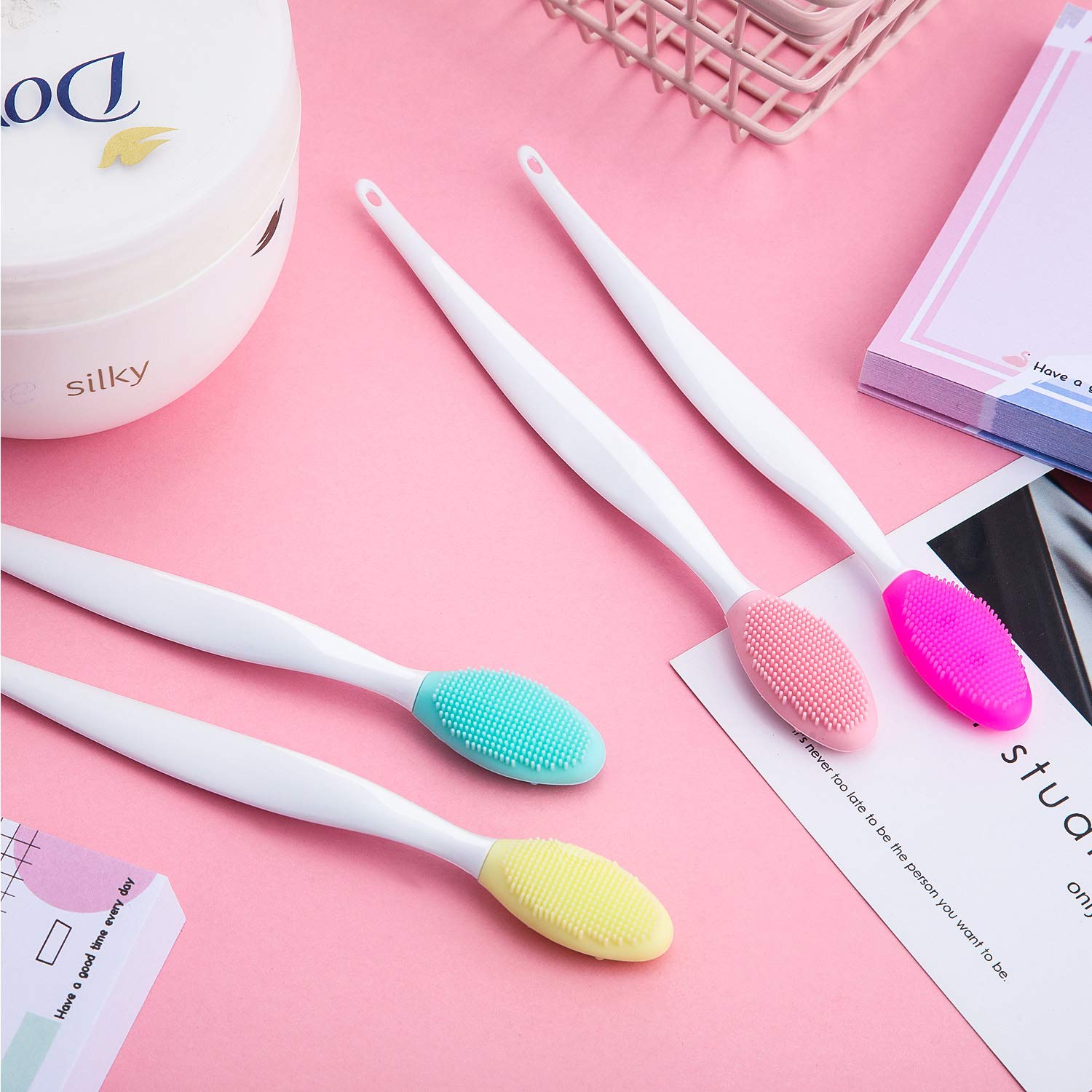 4 Pieces Silicone Exfoliating Lip Brush Tool Double-sided Soft Lip Brush for Smoother and Fuller Lip Appearance (Rose Red, Yellow, Mint Green, Pink): Beauty