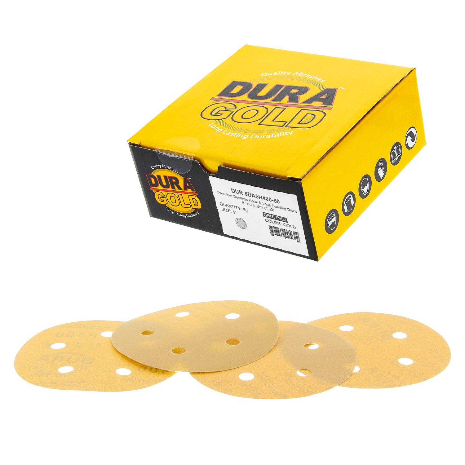 Dura-Gold - Premium - 400 Grit - 5" Gold Sanding Discs - 5-Hole Dustless Hook and Loop for DA Sander - Box of 50 Finishing Sandpaper Discs for Woodworking or Automotive