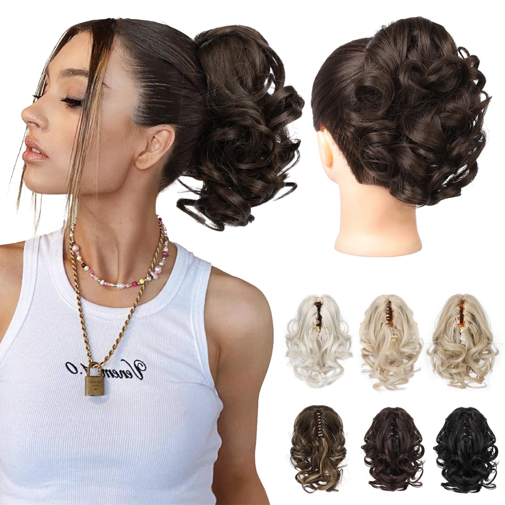 Photo 1 of REECHO Ponytail Extension, 9" Claw Clip in Short Curly Wavy Pony Hair Extension Jaw Clip on Pony Tail HP001 Hairpiece for Women - Dark Chocolate Brown