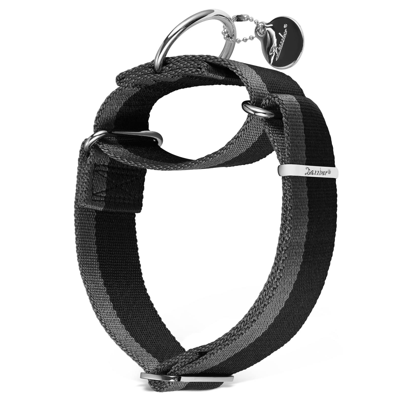 Dazzber Martingale Collar -4cm Width Extra Strong Nylon Dog Collar, No Pull Heavy Duty Dog Collar with 2-Color Stripe for Medium to XLarge Dogs (Black & Grey, Extra Large, 1 1/2 Inch Wide)