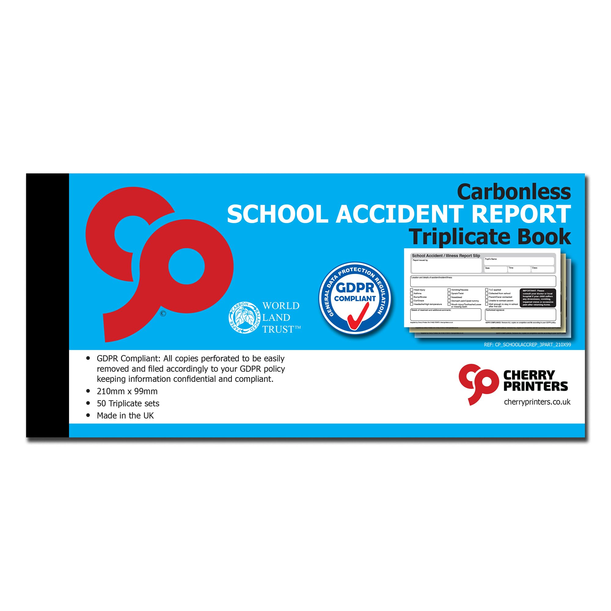 Cherry Printers NCR School Accident Report Triplicate Book GDPR 99 x 210mm 50 Sets Carbonless