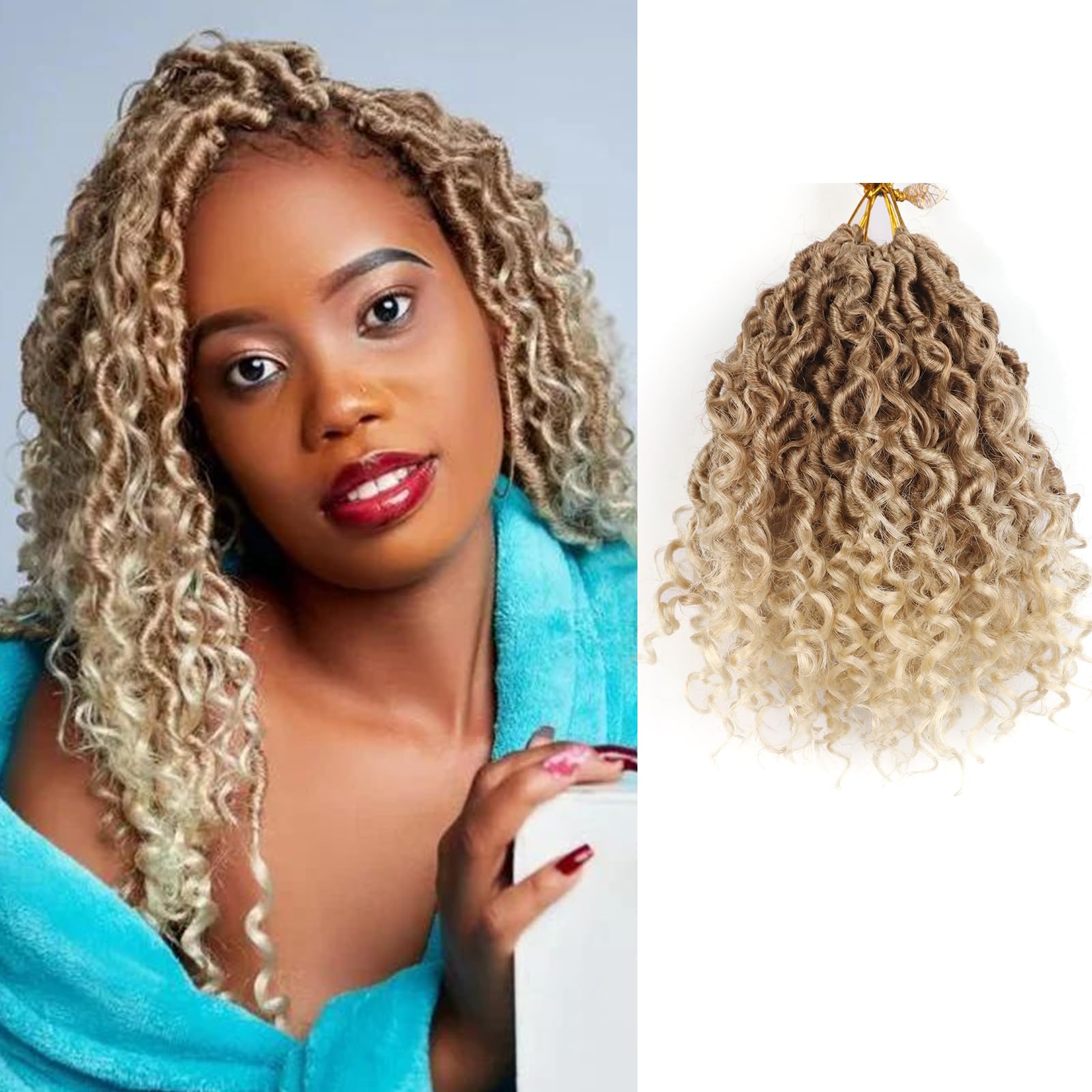 Photo 1 of Aeagoo Blonde Goddess Locs Crochet Hair 8 Inch 7 Packs Bohemian Locs Crochet Hair with Curly Ends Short Pre Looped Crochet Hair for Black Women (8 Inch,27/613)
