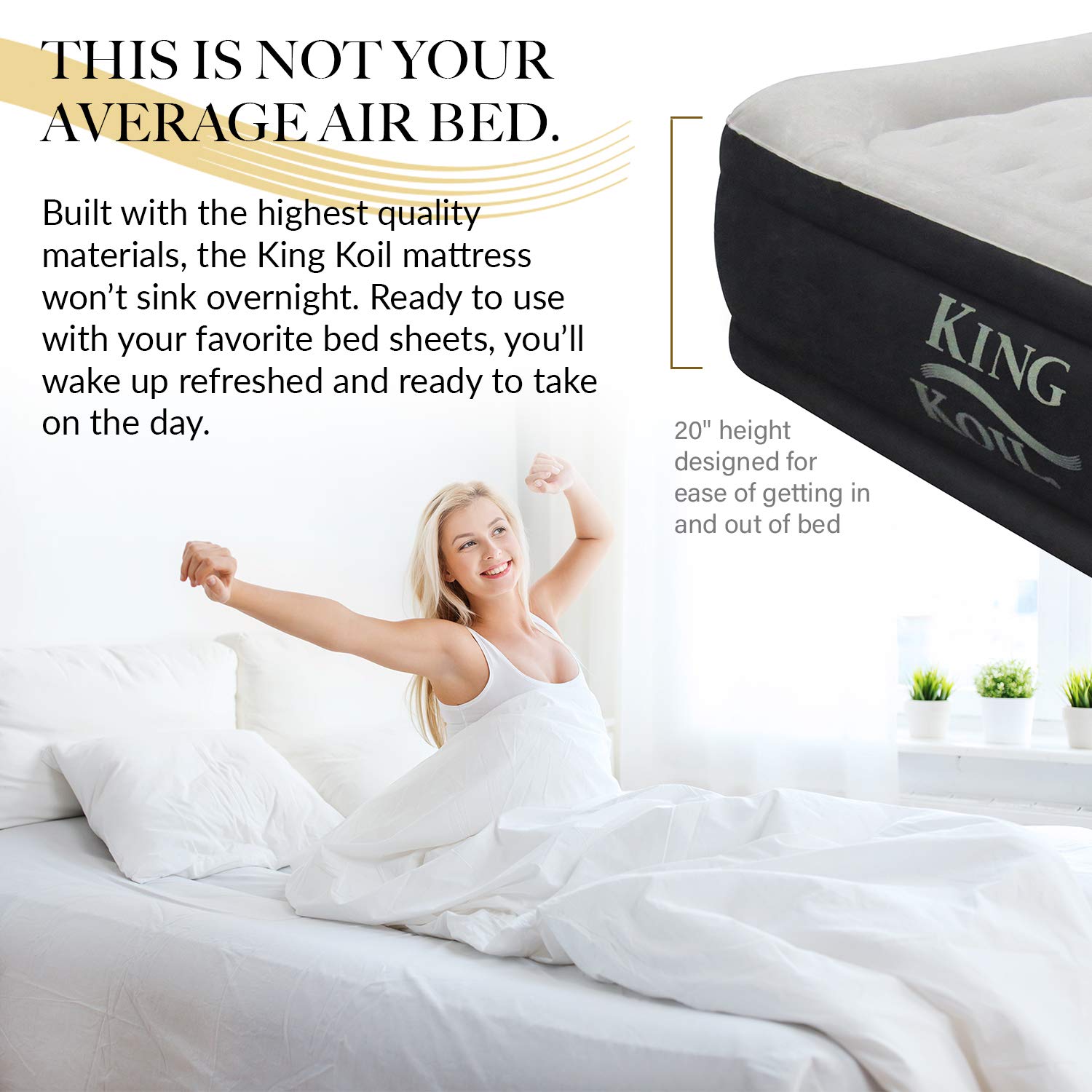 King Koil Elevated Air Mattress Quilt Top & 1 Year - Best Inflatable Air Bed with Built-in Pump - Queen Size Updated Luxury Air Mattress Queen Black