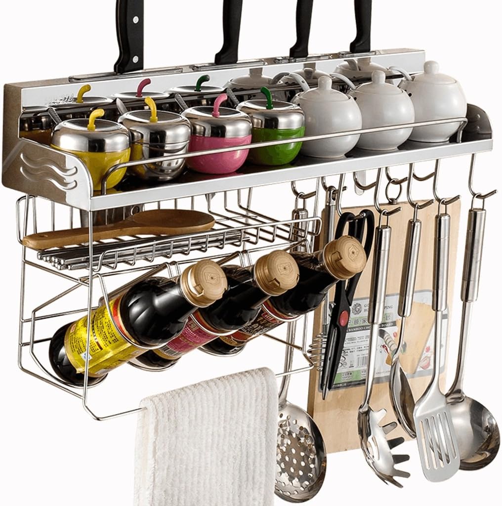 Microwave oven rack Kitchen Storage Shelf - Wall-mounted Condiment Seasoning Shelf/Knife Holder/Stainless Steel Storage Shelf, With Hooks -by TIANTA (Size : 70cm)