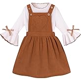 Eaerobc Toddler Baby Girl Fall Overall Dress 3/4 Flare Sleeve Shirt Corduroy Skirt Jumper 2Pcs Autumn Outfit Sets 1-5T
