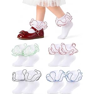 AHDSGJH 4 Pairs Girls Ruffle Socks Colored Trim Toddler Double Lace Frilly Dress Turn Cuff Cotton Socks for Kids 1-10 Years