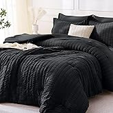 MUXHOMO 7 Pieces Queen Comforter Set, Seersucker Bed in a Bag Queen Size, All Season Luxury Bedding Set with Comforter, Flat Sheet, Fitted Sheet, Pillowcases & Shams, Black