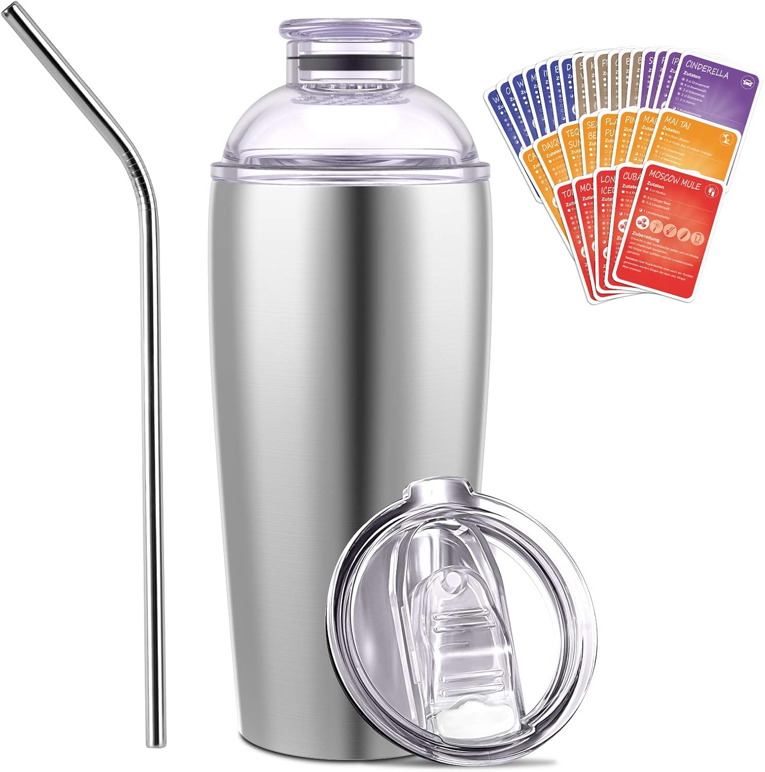 Cocktail Shaker and Tumbler with 30 Cocktail Recipes Cards, SUQQUER 24oz Triple-Insulated Stainless Steel Bar Set Cocktail Shaker Set with Straw, LeakProof Top and Lid