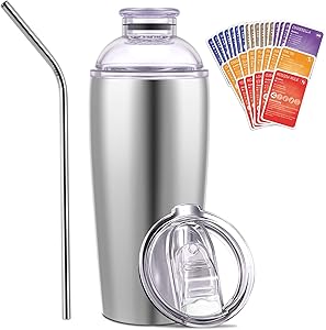 Cocktail Shaker and Tumbler with 30 Cocktail Recipes Cards, SUQQUER 24oz Triple-Insulated Stainless Steel Bar Set Cocktail Shaker Set with Straw, LeakProof Top and Lid