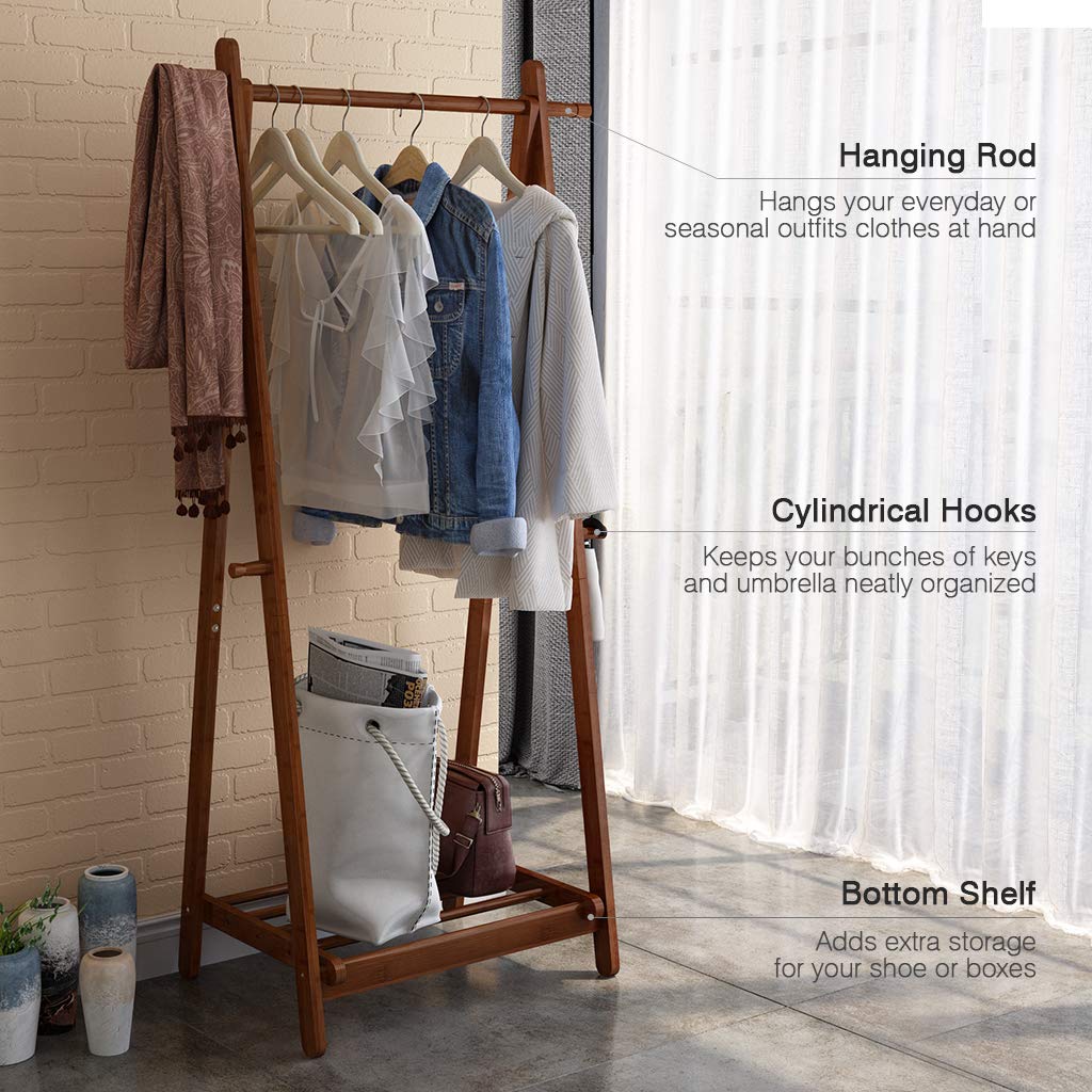 LANGRIA Foldable Bamboo Clothes Rack Stand With Vertical Hanging Rod