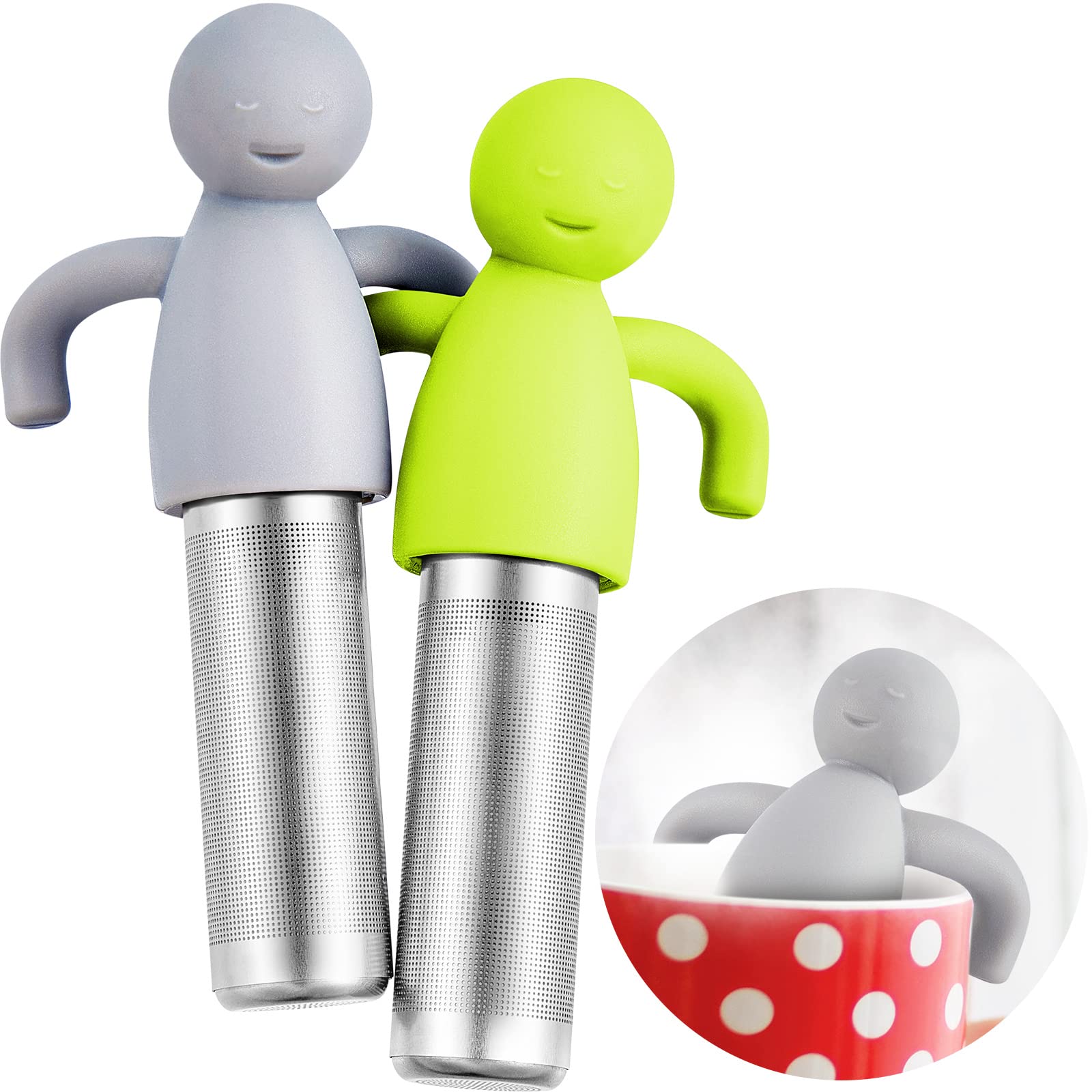 Photo 1 of 2 Pieces Tea Infuser for Loose Tea Cute Fine Mesh Tea Strainer Stainless Steel Tea Filter Ball Tea Diffuser Steeper for Teacups Teapots (Green, Gray)