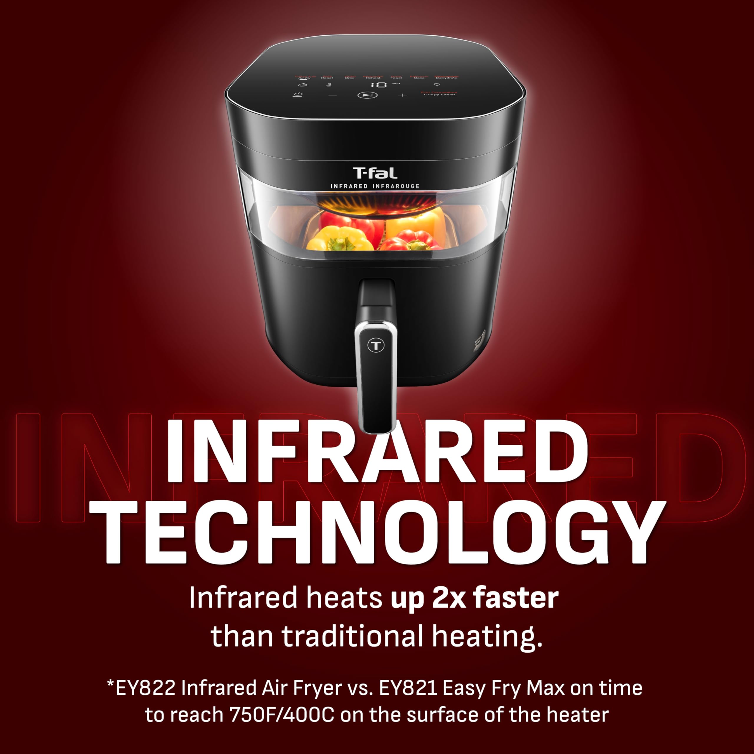 T-fal Freidora de aire por infrarrojos, 2 veces más rápida que el calentamiento tradicional*, Combo de deshidratador de freidora de aire grande, 8 funciones de cocción, ventana con luz, tecnología sin vibración, Apta para lavavajillas, 1800 W, negra