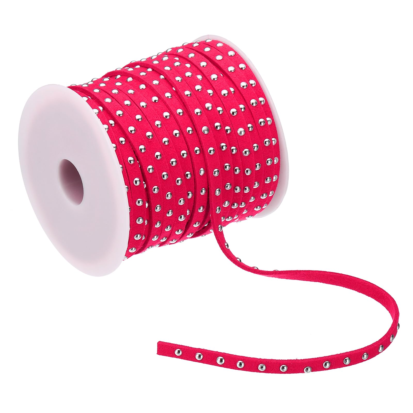 PATIKIL 65.6ft Studded Faux Suede Cord Rope for Jewelry Making, 5mm Micro Fibre Flat Leather Lace Beading String Ribbon with Rivets, Rose Red Silver