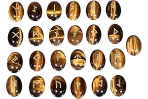 Rockcloud 25Pcs Rune Stones Set Polished Engraved with Elder Futhark Alphabet Lettering Crystal Meditation Divination, Tiger’s Eye