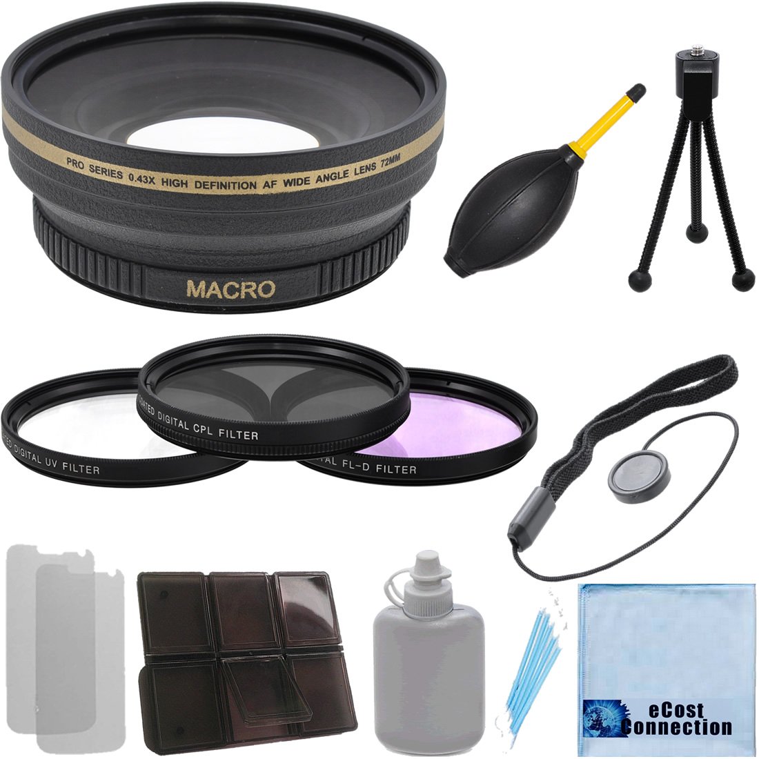 Pro Series 72mm 0.43x Wide Angle Lens + 3 Pieces Filter Sets with Deluxe Lens Accessories Kit for Ca