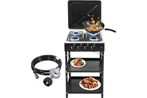forimo Propane Gas Stove 4 Burner Propane Burner with Support Leg Stand and Wind Blocking Cover Adapter Portable Gas Stove Auto Ignition Camping Stove 4 Burner LPG for RV, Apartment, Outdoor Cooking