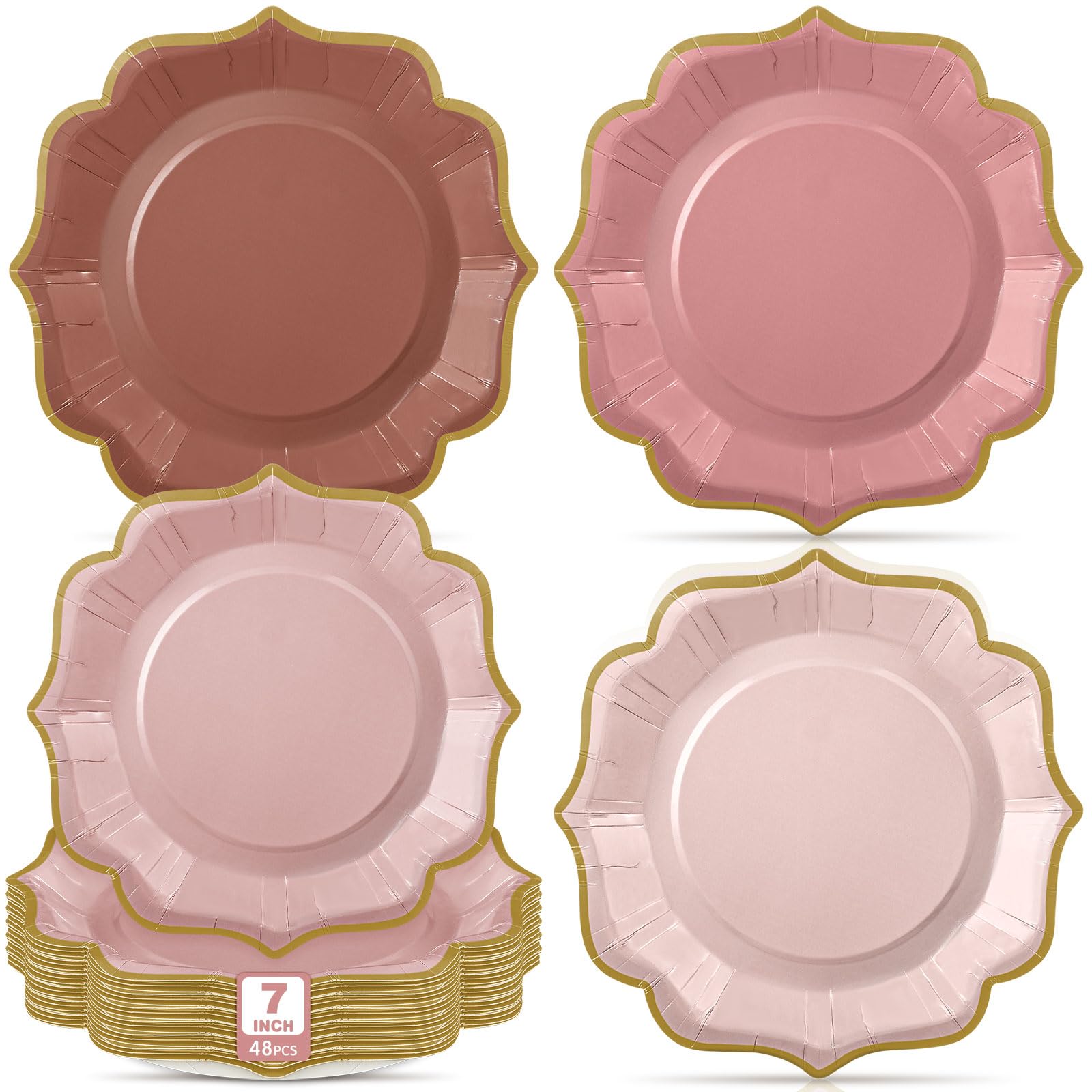 Photo 1 of Potchen 48 Pcs Dusty Pink Dessert Plates 7 Inch Gradient Pink Scalloped Disposable Party Paper Plate for Summer Wedding Birthday Baby Shower Party Supplies, 4 Colors