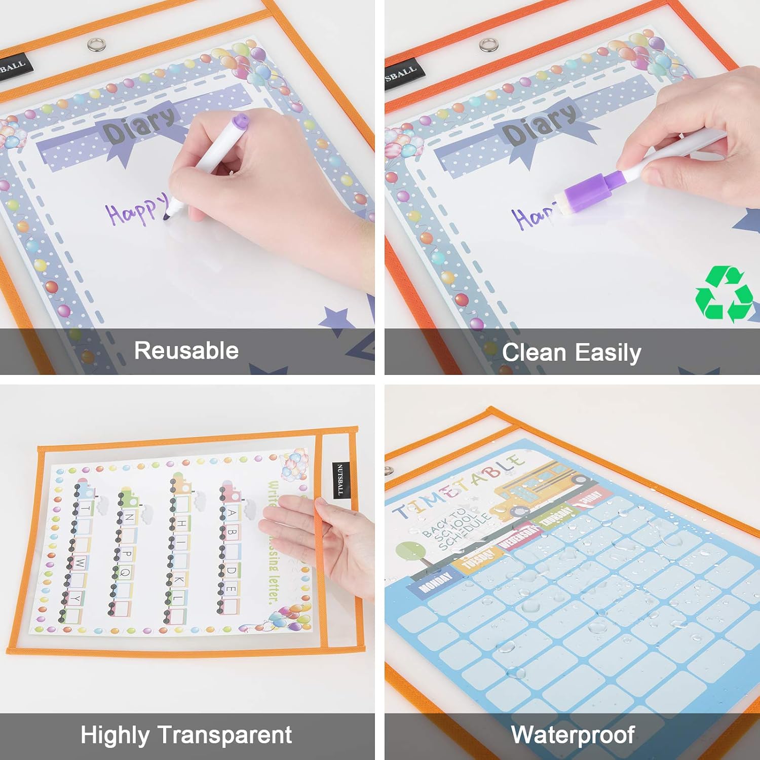 Nutsball Dry Erase Pockets Reusable Sleeves 7 Pack - Oversized Plastic Sheet Paper Protectors - Job Ticket Holders Assorted Colors - Teachers Students Kids Supplies for Classroom School Home Office : Office Products