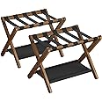SONGMICS Luggage Rack, Set of 2, Folding Suitcase Stand with Storage Shelf, for Guest Room, Hotel, Bedroom, Heavy-Duty, Holds up to 131 lb, Walnut Brown URLR007D02
