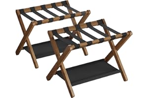 SONGMICS Bamboo Luggage Rack for Guest Room, Set of 2, Folding Suitcase Stand with Fabric Storage Shelf, for Hotel, Bedroom, Heavy-Duty, Holds up to 131 lb, Walnut Brown URLR007D02