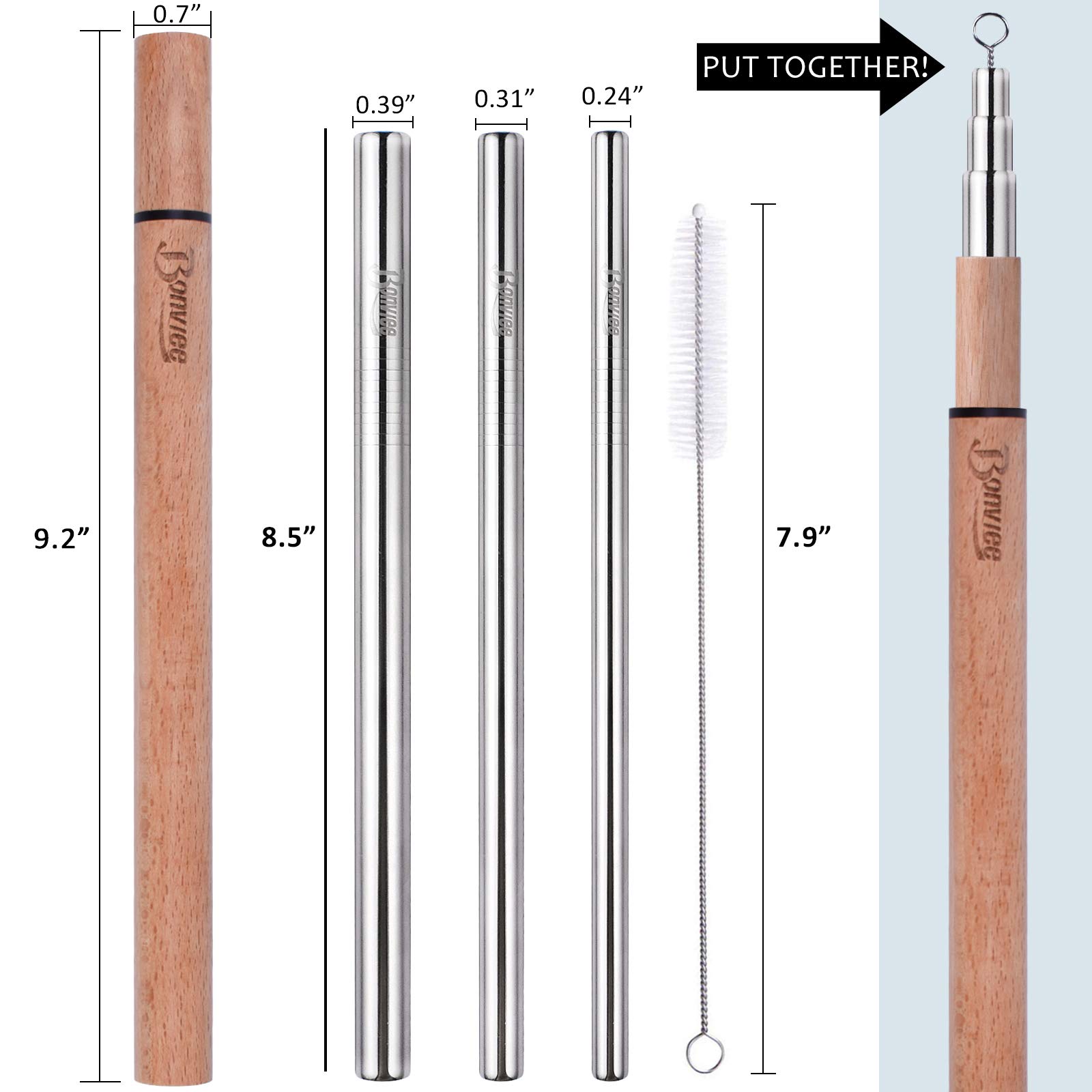 Bonviee Stainless Steel Straws 8.5 Inch Drinking Straws Metal Straws Reusable with Wooden Travel Case and Cleaning Brush Metal Drinking Straws for 20 OZ Tumbler YETI Cups (3 Size)