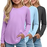 LessonZoo 3 Pack Girls Long Sleeve T Shirts, Kids Casual Crew Neck Shirts Soft Curve Hem Tees Loose Fit Basic Tunic Tops