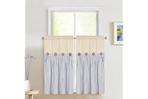 ASPMIZ Cotton Linen Farmhouse Kitchen Curtains, Boho Rustic Button Tier Curtains 36 Inch Lenth, Blue Stripe Short Rod Pocket Curtain for Small Window, Half Window Curtain for Kitchen, 2 Panels