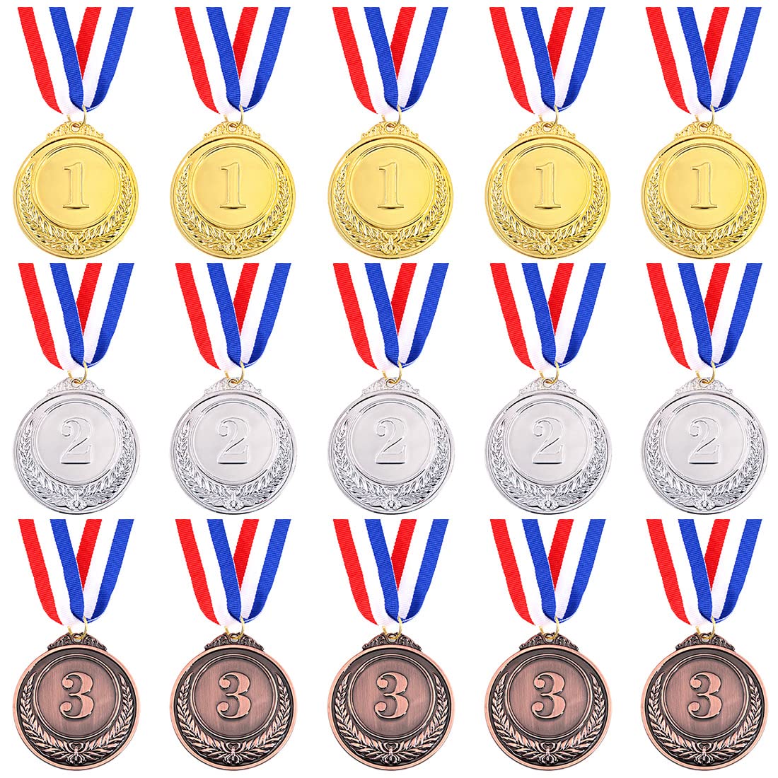 Swpeet 15Pcs Metal Gold Silver Bronze Award Medals with Ribbon, Olympic Style Winner Medals for Kids Children's Events, Classrooms, Office Games and Sports - 1st 2nd 3rd Place (Award Medals-15Pcs)