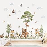 wondever Woodland Animals Wall Stickers Large Pine Tree Forest Bear Deer Fox Peel and Stick Wall Art Decals for Baby Nursery Kids Bedroom Playroom