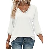 Tankaneo Womens 3/4 Length Sleeve Tops Lace V Neck T-Shirts Dressy Casual Loose Fit Tunic Shirts