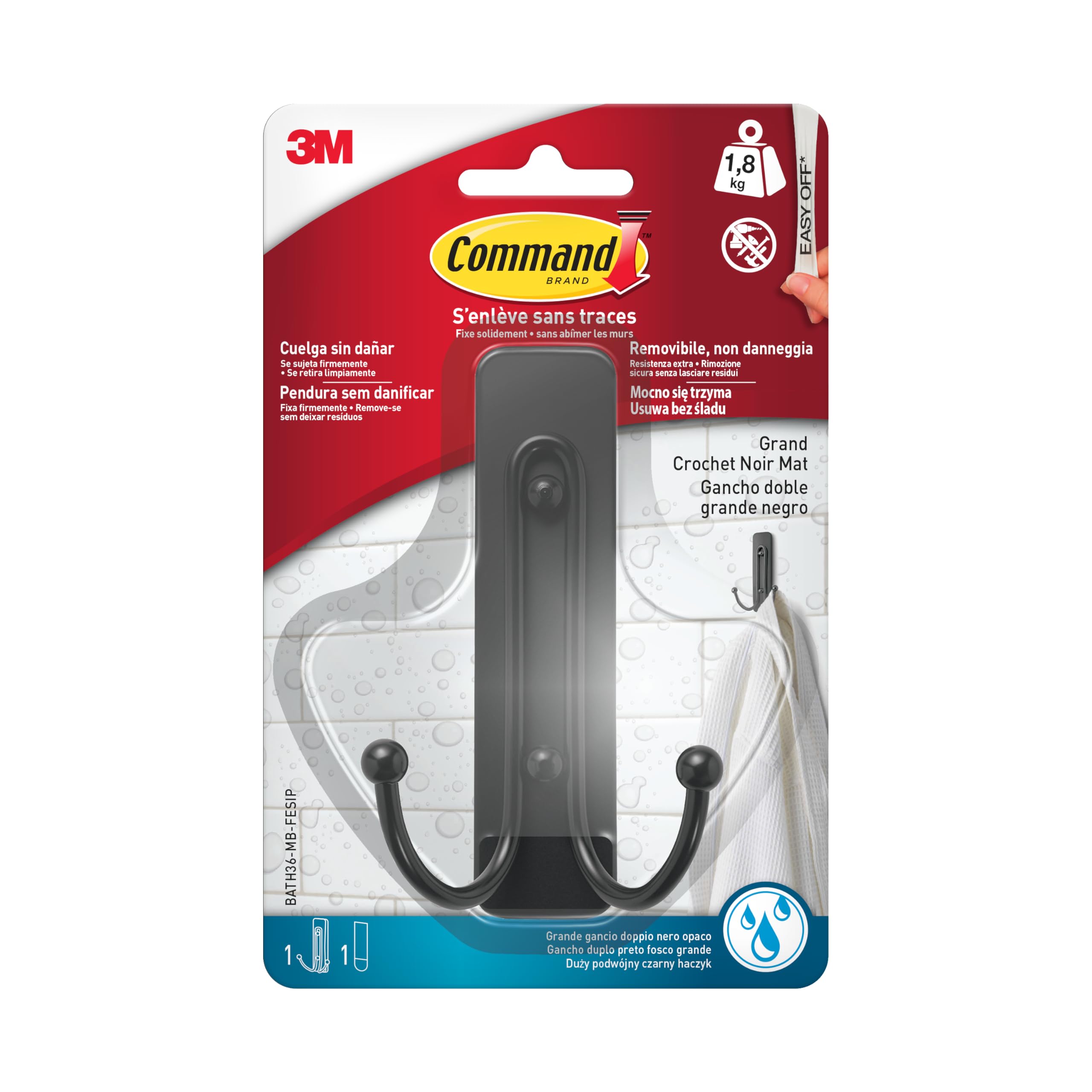 Command Bathroom Hook, Matte Black - 1 Hook, 1 Tab, 1.8 kg - Water Resistant - Damage Free Hanging