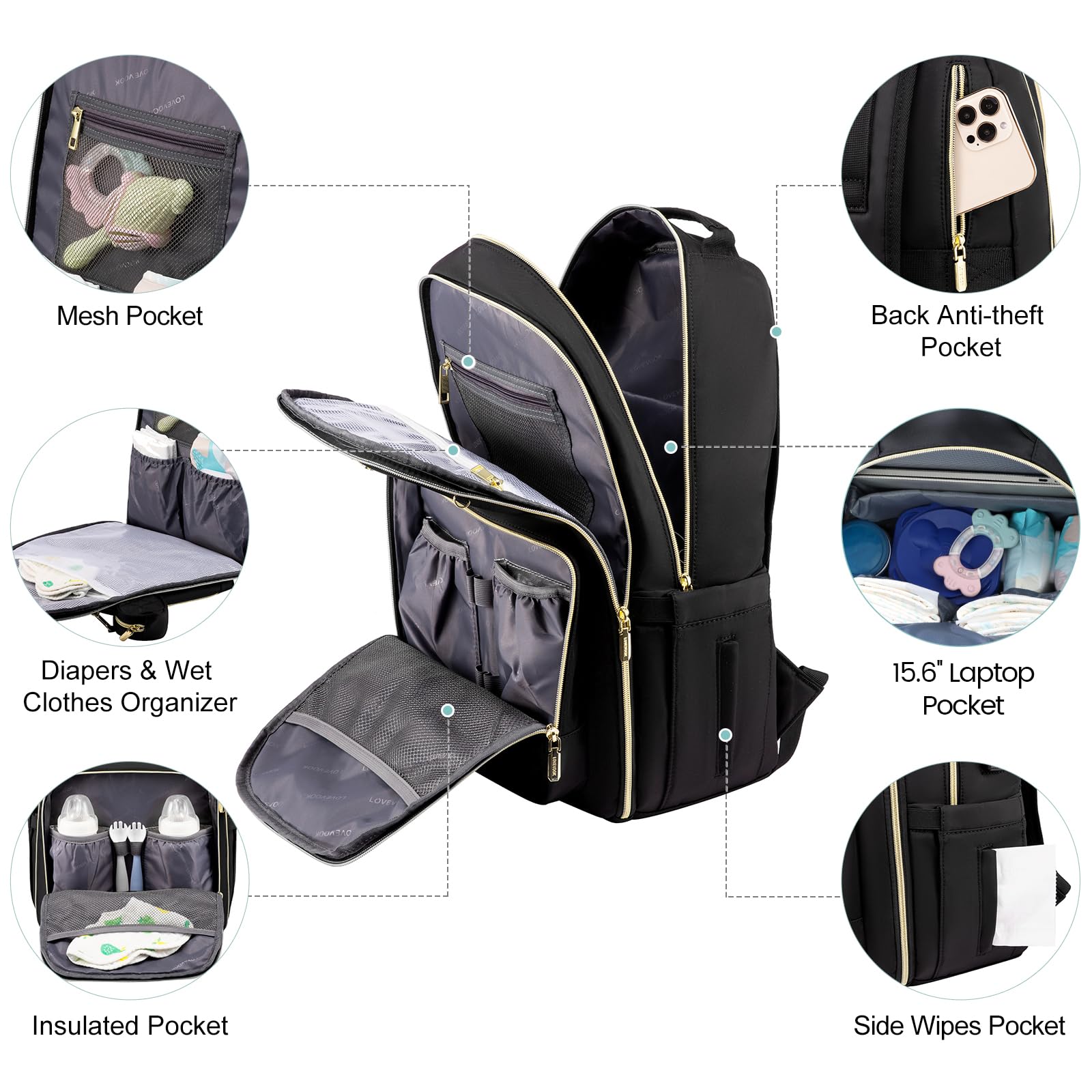 LOVEVOOK Diaper Bag Backpack, Quilted Baby Bag with Changing Pad & Pacifier Holder, Waterproof Travel Diaper Bags for Baby Boys Girls, Stylish and Large Capacity, Black