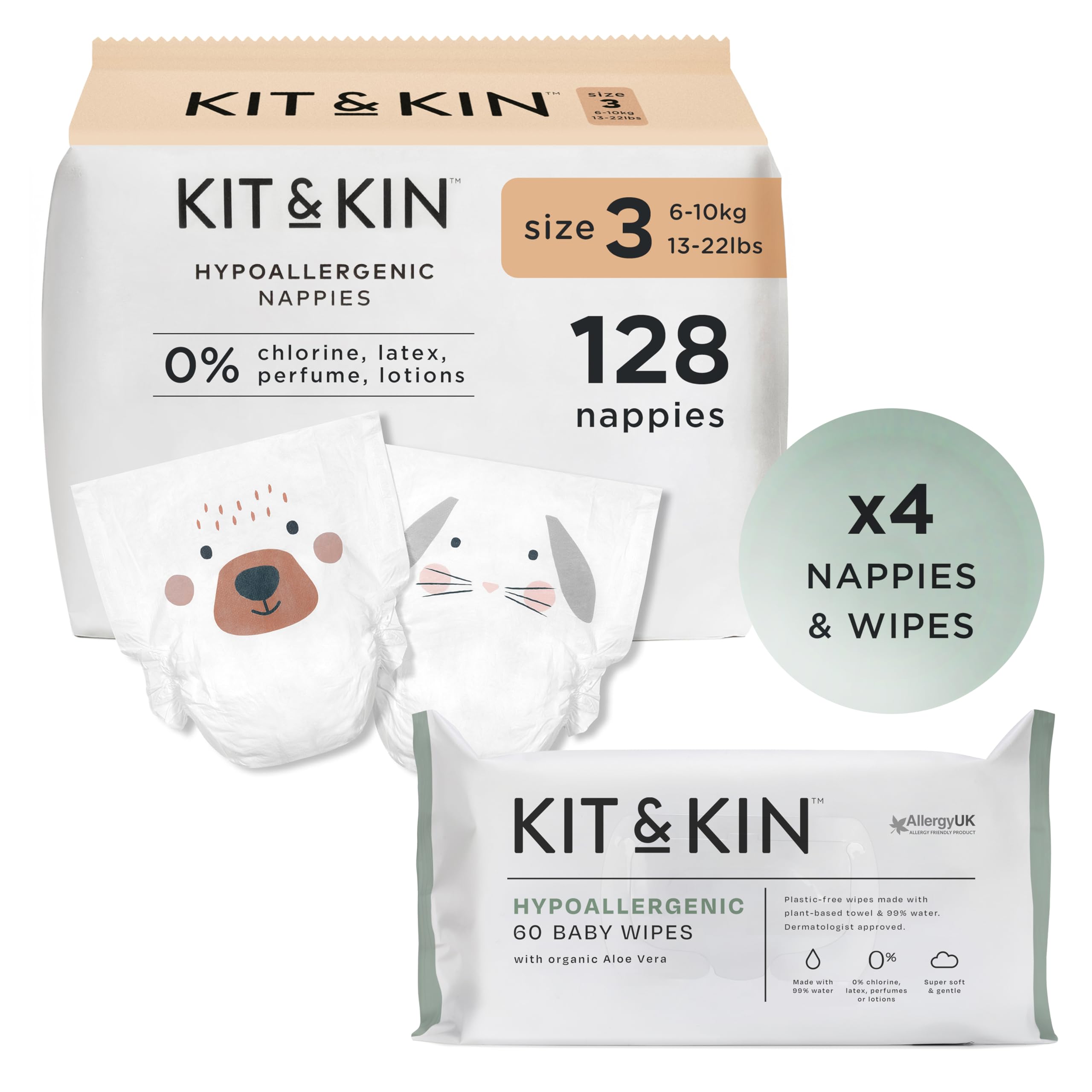 Kit & Kin Premium Size 3 Newborn Essentials Starter Pack | 4X Packs Baby Nappies and 4X Packs Wet Wipes | Hypoallergenic with Flash Dry High-Performance Layer (128 Nappies, 240 Wipes)