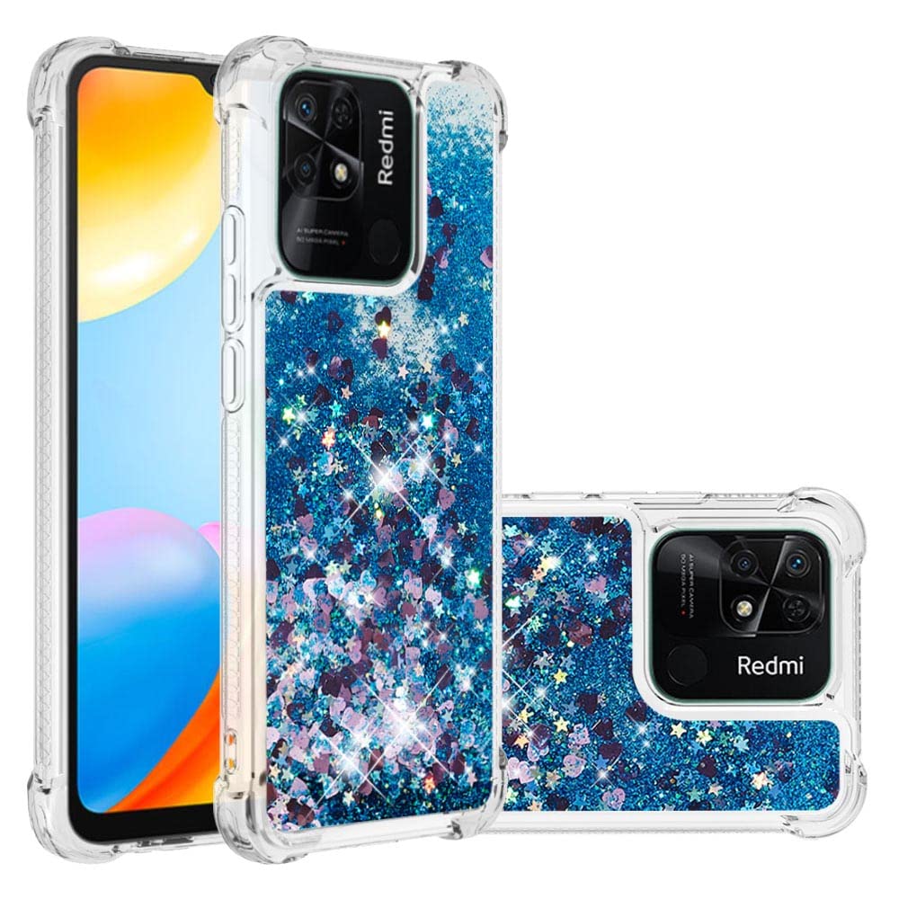 IMIRST Silicone Phone Case for Xiaomi Redmi 10C, Corner Airbag Fall Protection Bling Glitter Quicksand Liquid Sparkle TPU Case Cover for Xiaomi Redmi 10C. YBW Love Blue