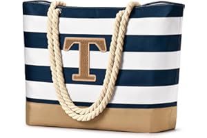 Becokan Initial Beach Bags for Women Waterproof Beach Tote Bag Zipper Travel Essentials Personalized Birthday Gifts for Her