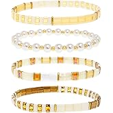 Tyebiva Tila Flat Gold Beaded Bracelets Set for Women, 4Pcs Trendy Handmade Miyuki Glass Gold White Colorful Beads Stack Stretch Bracelet Festive Holiday Accessories Jewelry Gift.