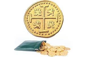 BYHOO 40pcs Metal Pirate Coins with Green Leather Coin Bag, Fake Coins Tokens, Pirate Treasure Chest, Metal Replica Spanish Doubloons, Gold Treasure Coins Set for Pirate Cosplay Board Games Accessory