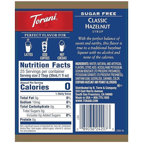 TORANI SUGAR FREE SYRUP, CLASSIC HAZELNUT, 25.4 FL OZ