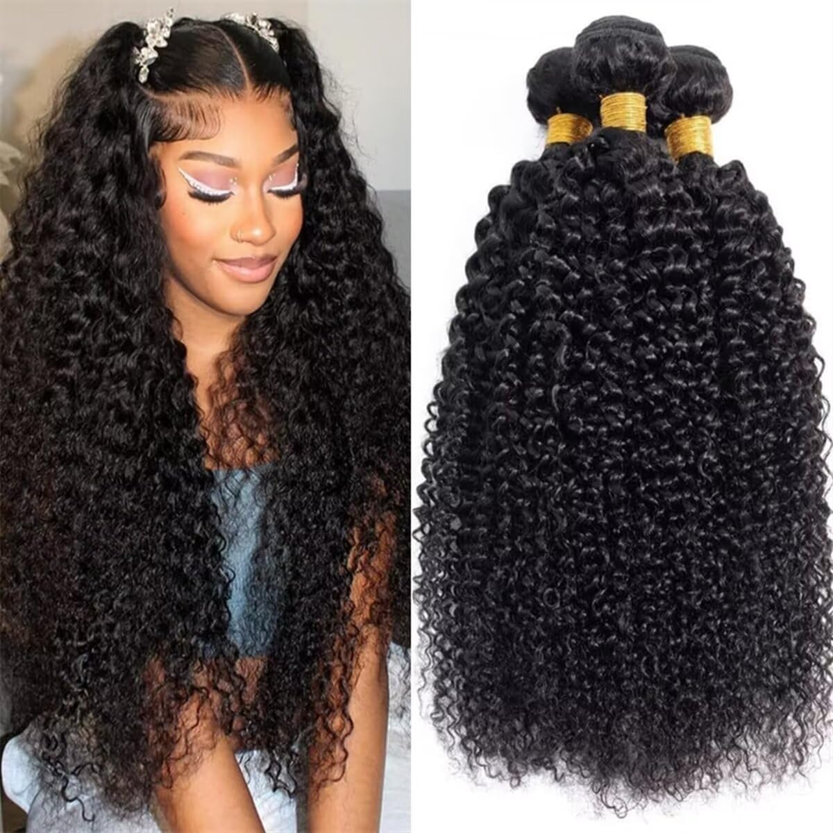 12A Curly Human Hair Bundles 100% Unprocessed Kinky Curly Bundles Human Hair Soft And Thick Can Be Dyed Curly Wave 3 Bundles Natural Black Color 20 22 24 Inch 95-100g/bundle total 285-300g โ image 1