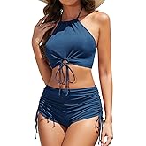 Sucrefas Women High Waisted Shorts Bikini Sets Tummy Control Swimsuit Two Piece Halter Drawstring Bathing Suit