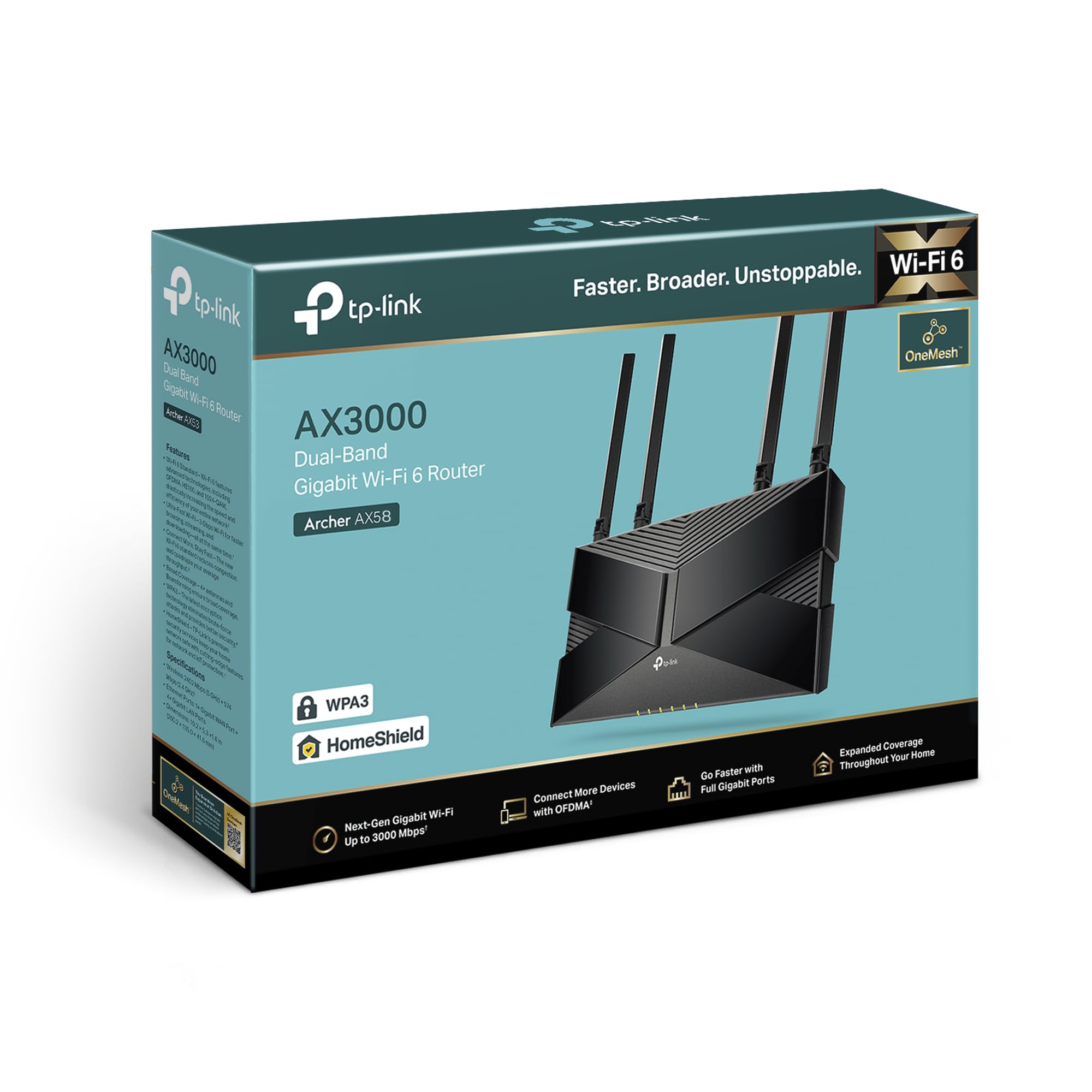 TP-Link Archer AX58 Wi-Fi 6 WLAN Router, Dualband AX3000, 5 Gigabit-Ports, WPA3, Kindersicherung, Gast-Netzwerk, keine DSL-Funktion