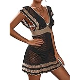 BreathSunny Womens Crochet Sexy Waist Cinched Swimsuit Coverup Summer 2026 Color Block Beach Bathing Suit Cover Up Mini Dress