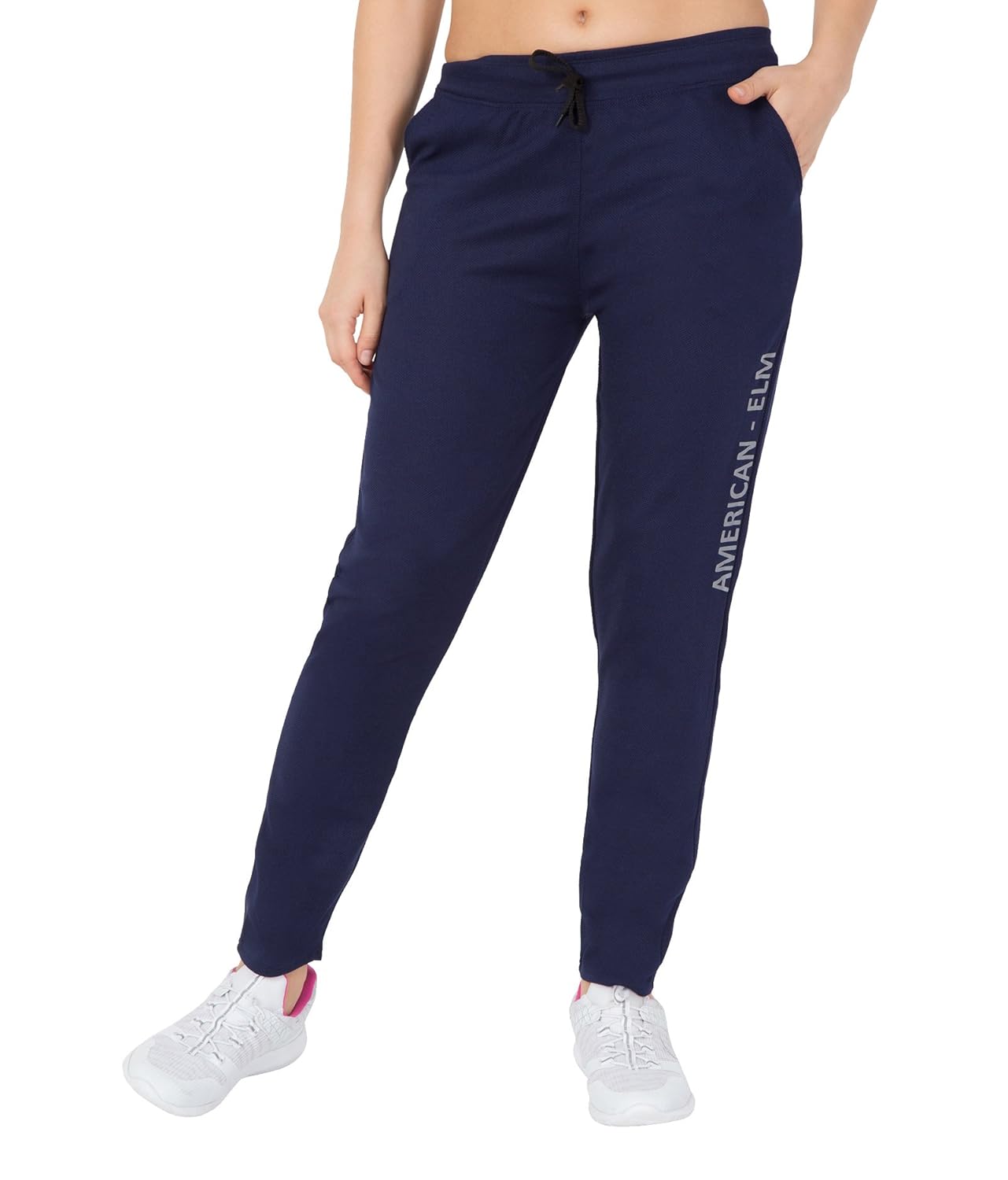 american-elm women's navy blue printed trackpant